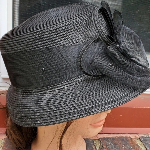 Black Floral Derby Hat Wide Brim Church Tea Party Wedding Fascinator Vintage Sty main image 9